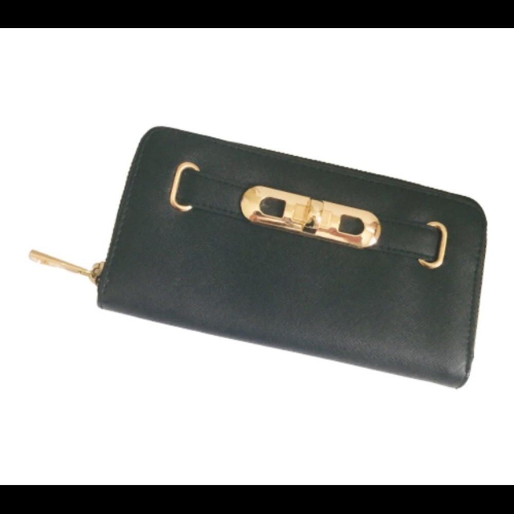 FLORENCE FRED FF Black Gold Buckle Zip Around Wallet Purse Organizers One Size